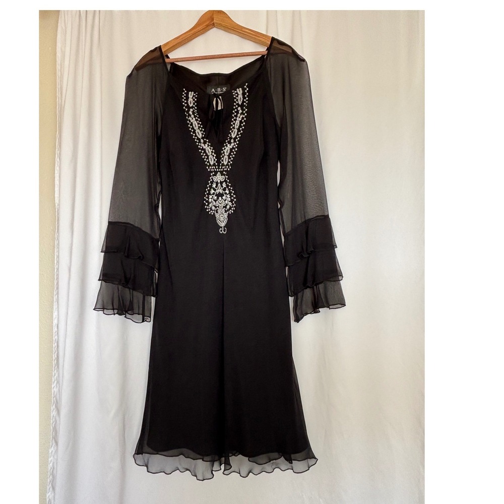 ABS Black Embroidered Dress Sheer Ruffle Sz 12 Y2K‎ Whimsigoth Dark Fairy